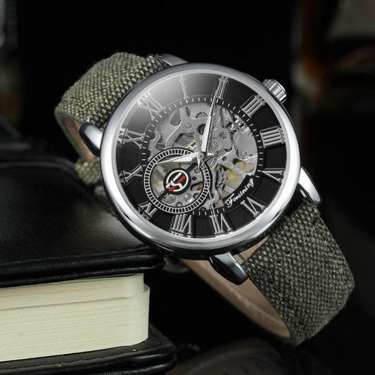 FORSINING Men's Skeleton Automatic Watch | Roman Numerals | Silvery Case | Green Canvas Strap | Mechanical Wristwatch | Gift for Him