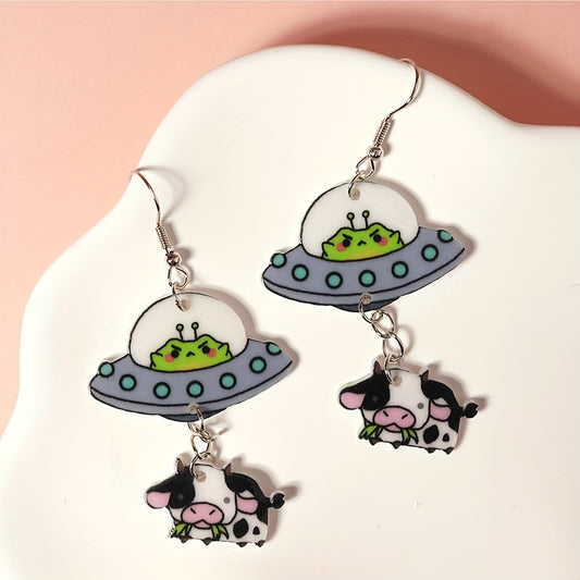 Charming UFO & Cow Alien Dangle Earrings - Cute Cartoon Style, Glossy Acrylic Finish for Everyday & Party Wear