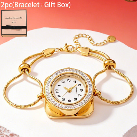Stainless Steel Synthetic Zirconia Women'S Bracelet Watch –2pcs(Bracelet+Gift Box), Classic Style, Durable & Washable Design, Perfect for Daily Wear, Party, And All Seasons, Ideal G