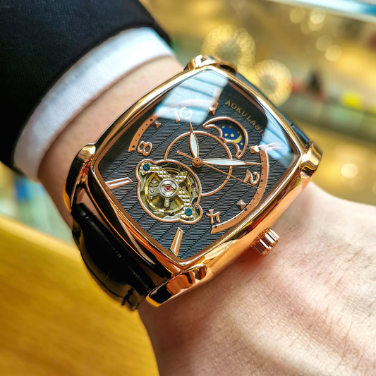 A Fully Automatic Tourbillon Mechanical Watch, A Light Luxury High-end Fashion Trend Hollow Business Casual Wristwatch, High-end Atmosphere, Sun, Moon, Stars, Square Temperament Large Dial Men's Watch.