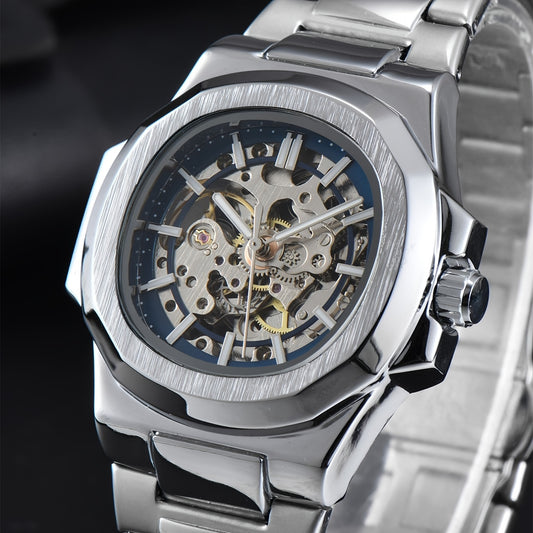 Men'S Fully Automatic Business And Leisure Watch with All Metal Case, Stainless Steel Butterfly Buckle Strap, Trendy And Fashionable Night Light, And High-End Hollowed Out Mechanical Watch for Business And Leisure Men, Suitable As a Christmas Gift