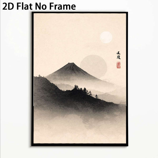 2D Flat, 2D Flat, Minimalist Wall Art Print of Mount Fuji, Featuring a Traditional Japanese Landscape in Ink Wash Style, Perfect for Zen Decor, Unframed
