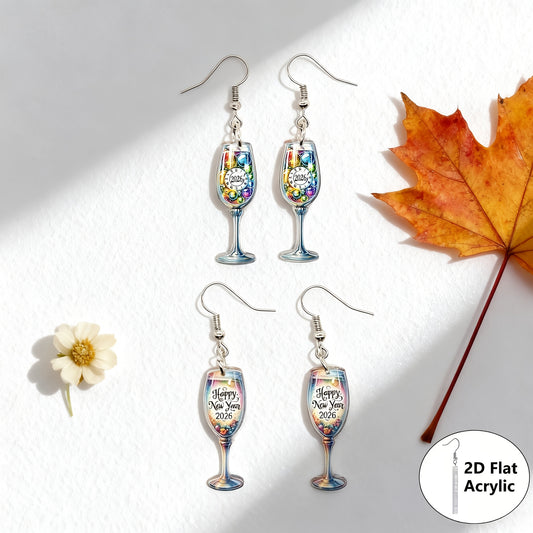2D Flat - A Pair of 2D Flat Watercolor Earrings Featuring a Cheerful New Year 2026 Design, Made of Acrylic. These Cute Pendants Make Perfect Gifts for Friends And Family