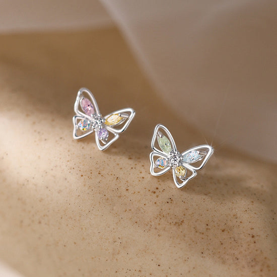 2-Piece Metal Hollow-Out Inlaid Colored Synthetic Synthetic Zirconia Butterfly Stud Earrings, Cute and Versatile, Suitable for Daily Wear and Gifting