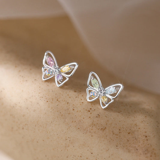 2-Piece Metal Hollow-Out Inlaid Colored Synthetic Synthetic Zirconia Butterfly Stud Earrings, Cute and Versatile, Suitable for Daily Wear and Gifting