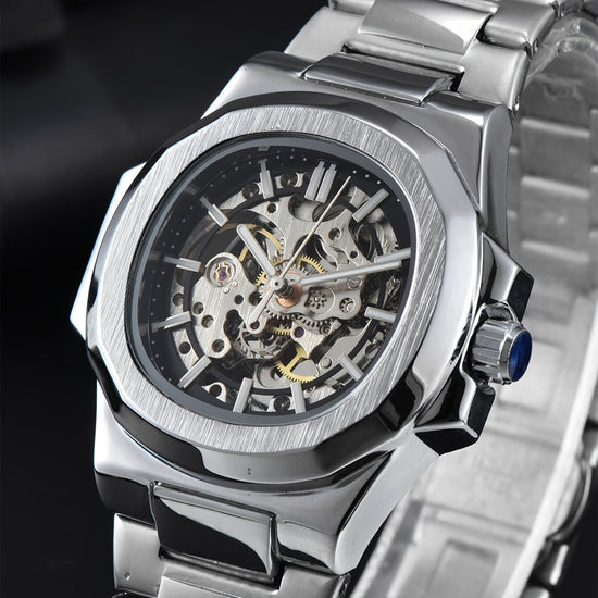Men'S Fully Automatic Business And Leisure Watch with All Metal Case, Stainless Steel Butterfly Buckle Strap, Trendy And Fashionable Night Light, And High-End Hollowed Out Mechanical Watch for Business And Leisure Men, Suitable As a Christmas Gift