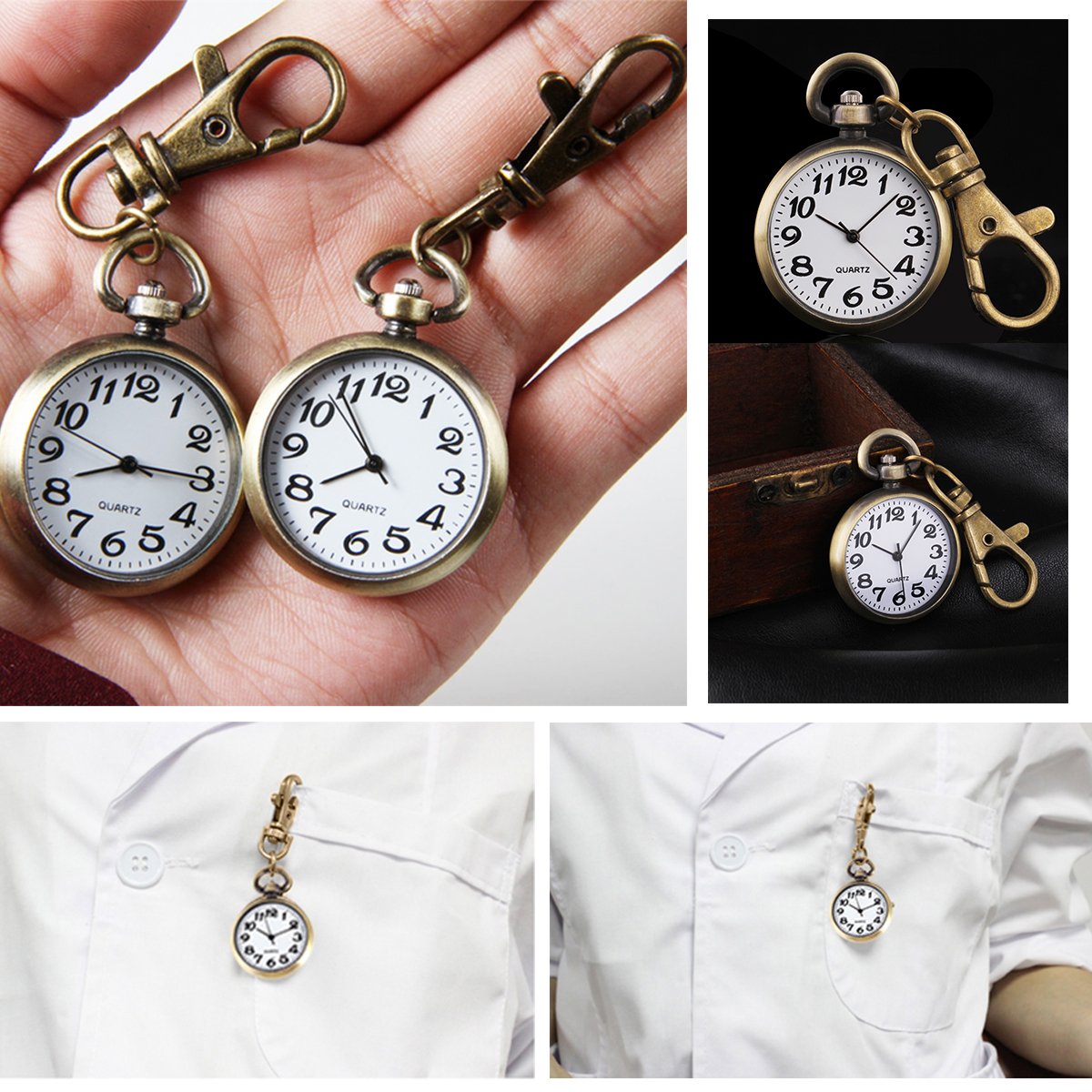 2pcs Vintage Bronze Large Arabic Numerals Mini Quartz Pocket Watch with Lobster Clasp Clip, Portable Hanging Timepiece for Men Women Elderly, Ideal Fathers Day Birthday Christmas Gifts
