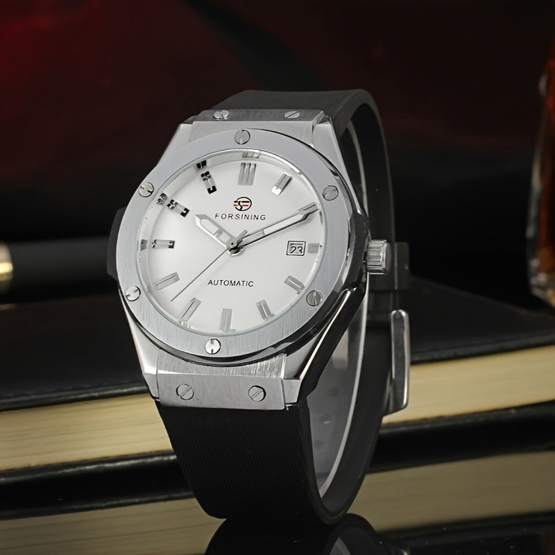 Classic And Easy Men'S Business Style Automatic Mechanical Watch Casual Large Dial Calendar Silicone Sports Student Military Wristwatch Clock Mechanism Best Gifts with Box, Without Battery