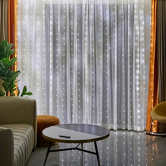LED Curtain Waterfall Lights with Copper Wire & Star Design - Battery-Operated, 8 Modes, Perfect for Living Room, Bedroom Ambience Decor | Festive String Lights