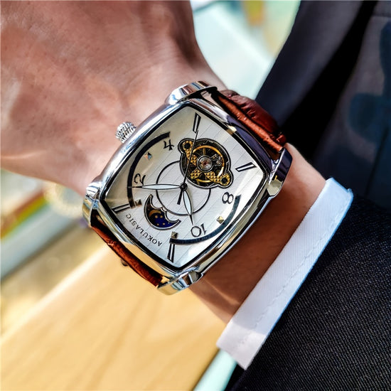 A Fully Automatic Tourbillon Mechanical Watch, A Light Luxury High-end Fashion Trend Hollow Business Casual Wristwatch, High-end Atmosphere, Sun, Moon, Stars, Square Temperament Large Dial Men's Watch.