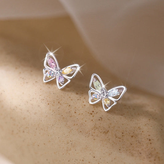2-Piece Metal Hollow-Out Inlaid Colored Synthetic Synthetic Zirconia Butterfly Stud Earrings, Cute and Versatile, Suitable for Daily Wear and Gifting