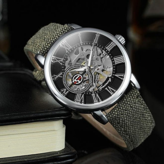 FORSINING Men's Skeleton Automatic Watch | Roman Numerals | Silvery Case | Green Canvas Strap | Mechanical Wristwatch | Gift for Him