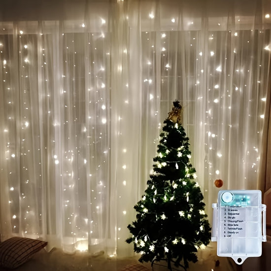 LED Curtain Waterfall Lights with Copper Wire & Star Design - Battery-Operated, 8 Modes, Perfect for Living Room, Bedroom Ambience Decor | Festive String Lights