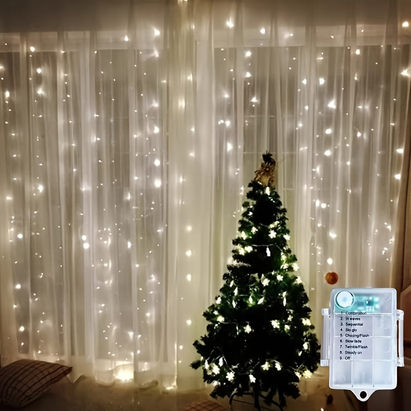 LED Curtain Waterfall Lights with Copper Wire & Star Design - Battery-Operated, 8 Modes, Perfect for Living Room, Bedroom Ambience Decor | Festive String Lights
