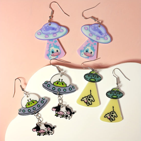 Charming UFO & Cow Alien Dangle Earrings - Cute Cartoon Style, Glossy Acrylic Finish for Everyday & Party Wear