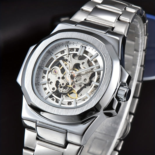 Men'S Fully Automatic Business And Leisure Watch with All Metal Case, Stainless Steel Butterfly Buckle Strap, Trendy And Fashionable Night Light, And High-End Hollowed Out Mechanical Watch for Business And Leisure Men, Suitable As a Christmas Gift
