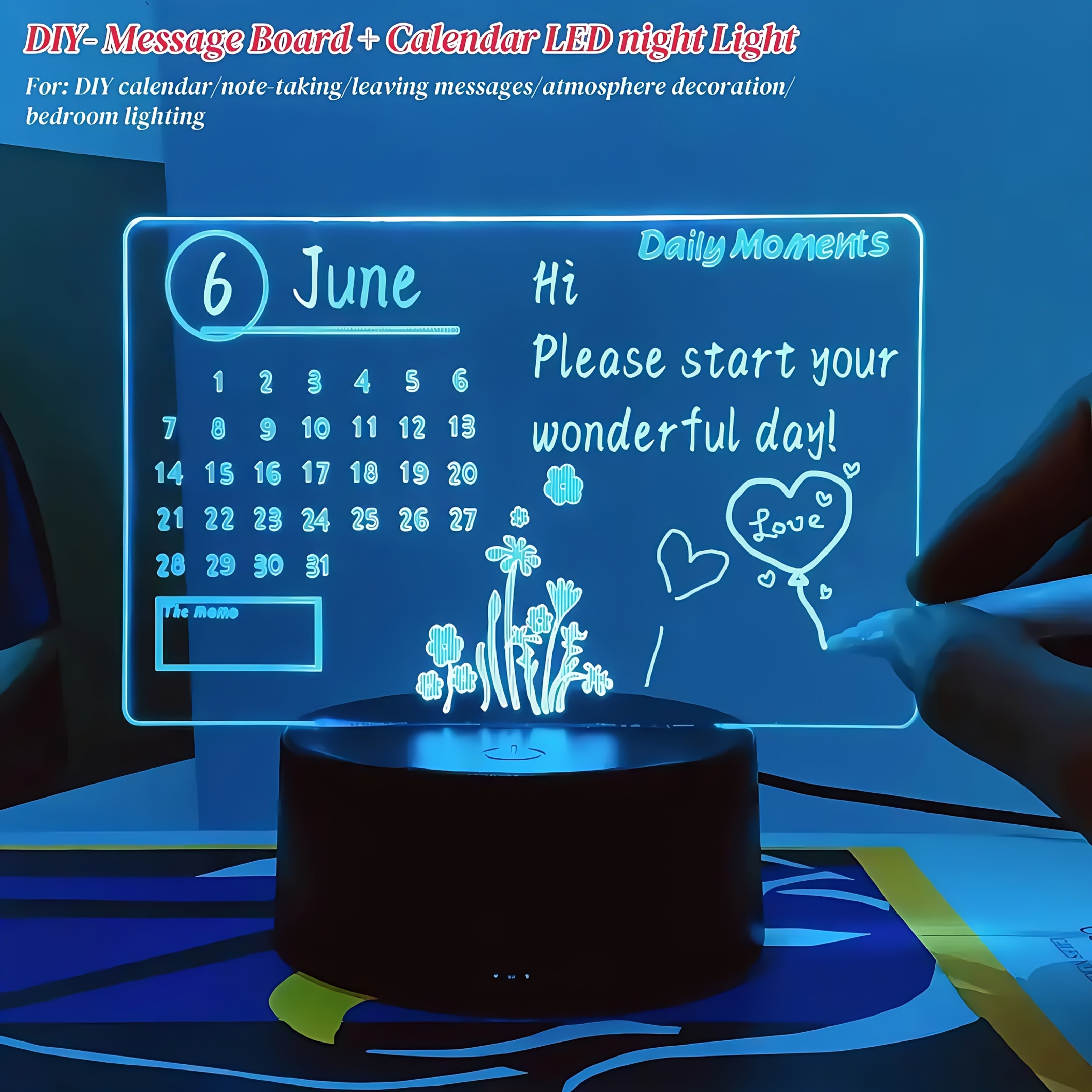 1pc DIY Calendar Message Board LED Night Light, USB Plug-in Ambient Lamp, DIY Writing Board USB Light, 7 Warm Colors with Two Light Modes, Suitable for Bedroom, Study, Bar, etc., Birthday Gift, Holiday Gift, Party Decoration, 3 Sizes Available, USB