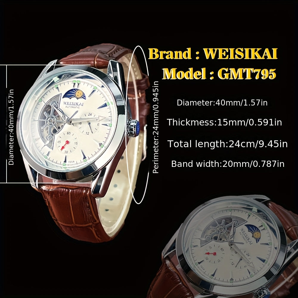 Men's Fashion Mechanical Watch - Automatic Winding Skeleton Moon Phase Dial, Round Dial, Analog Display, Mechanical Movement, No Battery Required