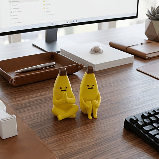 2pcs Different Shaped Banana Statues - Smiling And Frowning Face Expressions Collectible Desktop Decor, Resin Plastic Characters for Car And Home, Fun Birthday/Christmas/Halloween Gift (Yellow Banana Models)