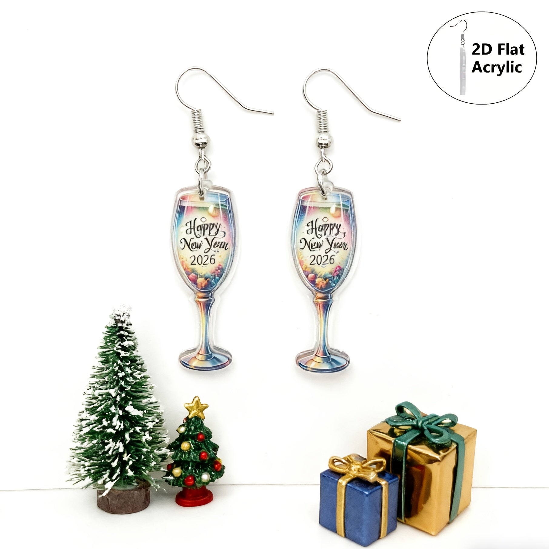 2D Flat - A Pair of 2D Flat Watercolor Earrings Featuring a Cheerful New Year 2026 Design, Made of Acrylic. These Cute Pendants Make Perfect Gifts for Friends And Family