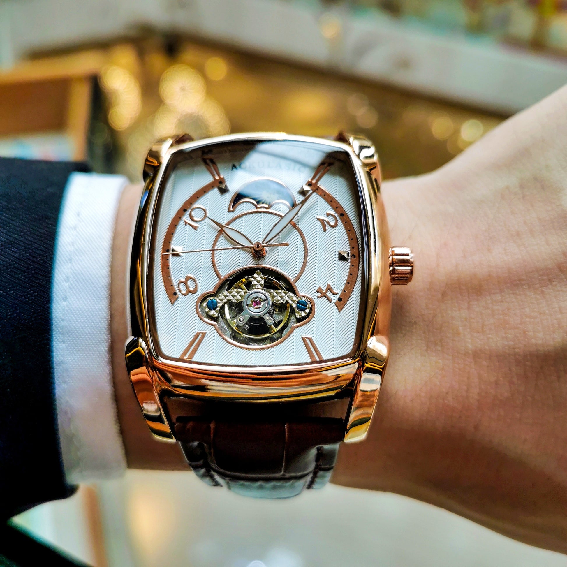 A Fully Automatic Tourbillon Mechanical Watch, A Light Luxury High-end Fashion Trend Hollow Business Casual Wristwatch, High-end Atmosphere, Sun, Moon, Stars, Square Temperament Large Dial Men's Watch.