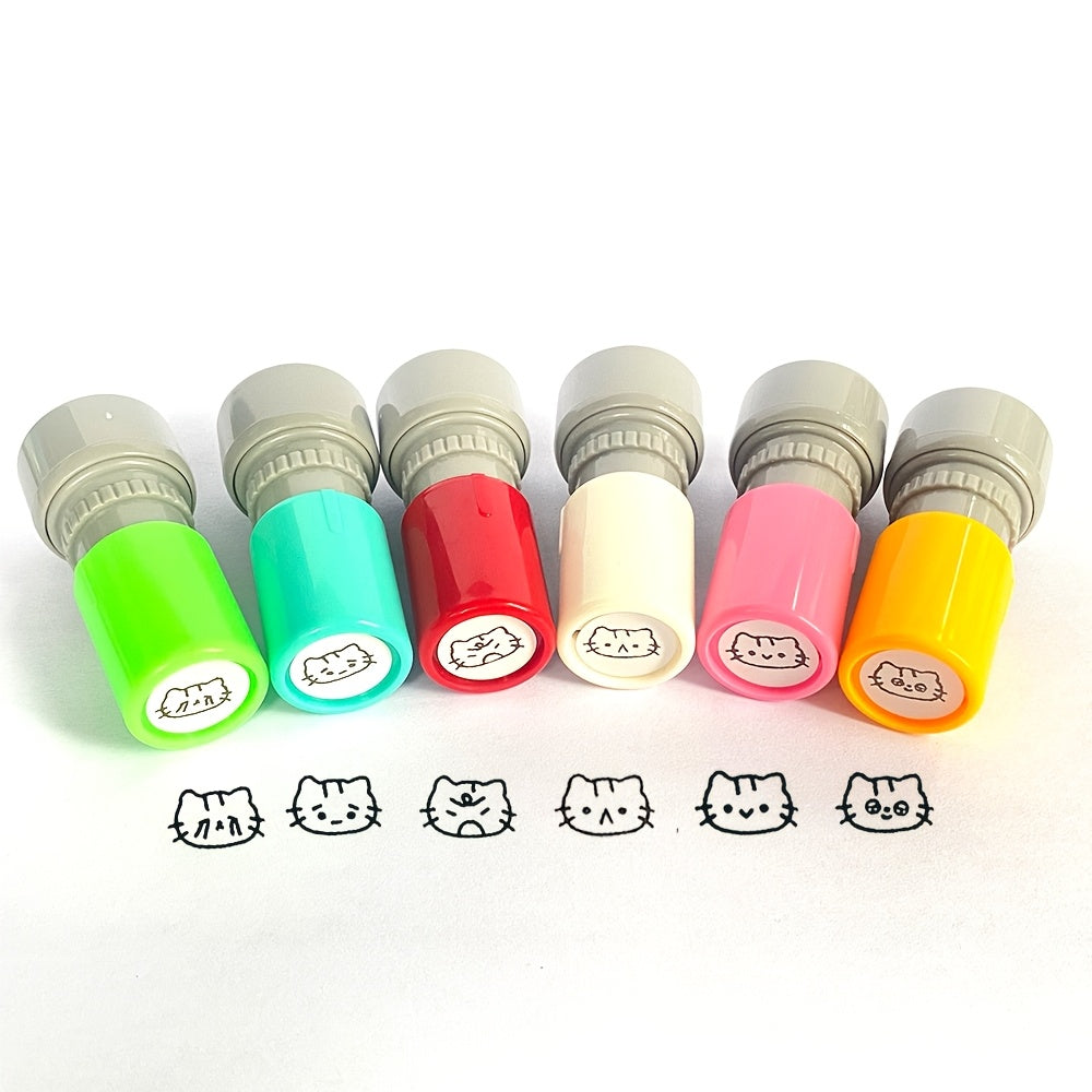 Mini Cat Emotion Stamps Cute Cartoon Scrapbook Decoration Stamps 6 Styles Expressions with Ink Pad Student Journal Check-In Kids Fun Stationery Portable Photosensitive Stamps