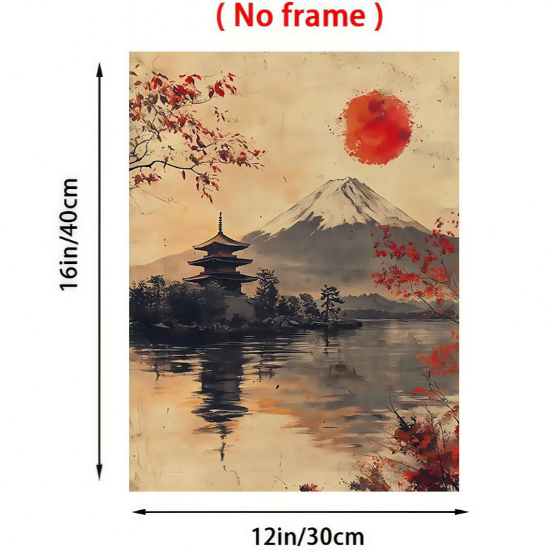 2D Flat, 2D Flat, 1pc of Frameless Artwork Featuring Mount Fuji And a Red Sun Pagoda Scene, Canvas Print Poster in Japanese Style Wall Art Decoration, Suitable for Living Room, Bedroom, Office, Restaurant, And Bar Wall Decor, Printed, Art Piece