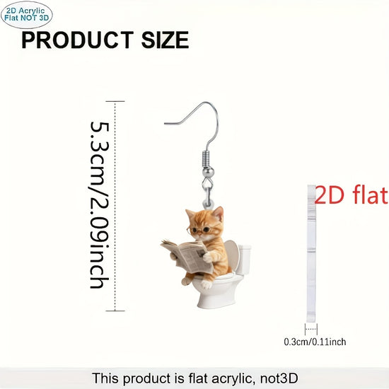 2D Flat, 1 Pair, Cute Sitting on Toilet Reading Newspaper Acrylic Pendant Earrings, Pet Lovers, Suitable Women, Parties And, Four Seasons Fashion Accessories,, Daily Earrings, Novel Earrings, Fantasy Illustration, Cute Design, Durable Pendant, Light