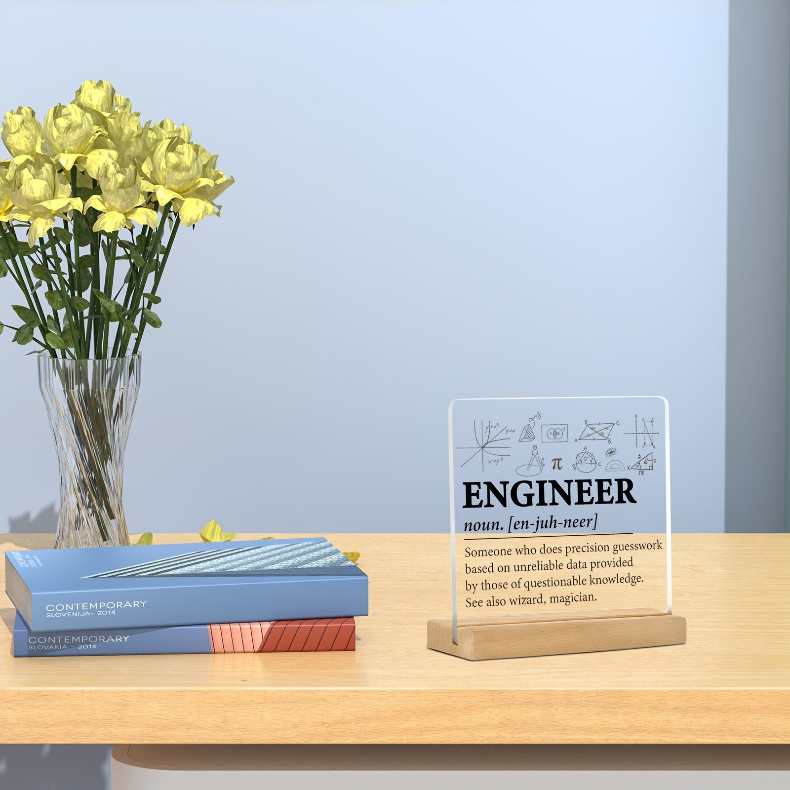 2D Flat, Engineer's Acrylic Desk Sign with Wooden Stand - Perfect for Office, Bookshelf, or Bedroom Decor Halloween Christmas decorations