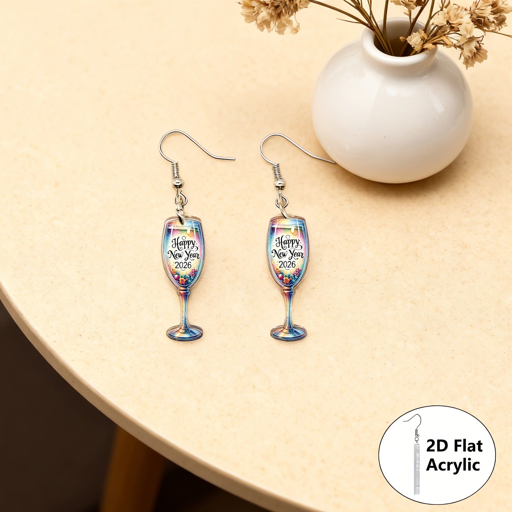 2D Flat - A Pair of 2D Flat Watercolor Earrings Featuring a Cheerful New Year 2026 Design, Made of Acrylic. These Cute Pendants Make Perfect Gifts for Friends And Family