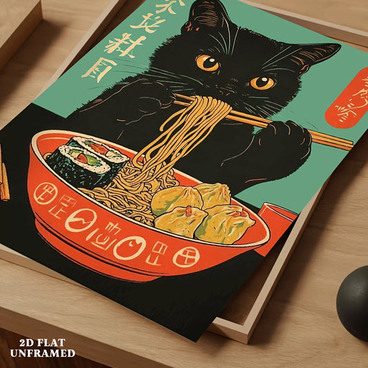 1pc Japanese Ramen Cat Poster - Cute Anime Kitten Eating Ramen Noodle Bowl Wall Art, Canvas Print Suitable for Bedroom, Dorm, Living Room Decor - Perfect Gift for Cat Lovers & Anime Fans, 2D Flat, Perfect for Room Decor