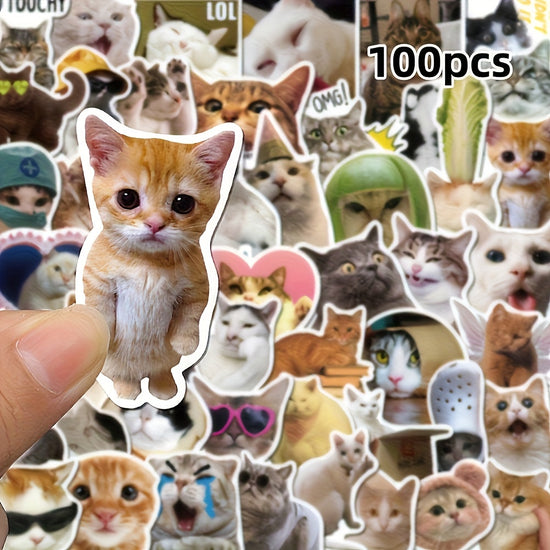 100pcs Funny Cat Stickers - Cute Kitten Meme Designs with Hats, Fashion Glasses & Peace Signs, Self-Adhesive Paper Decals for Water Bottles, Laptops, Skateboards, Guitars, Luggage, Helmets, Cameras, Notebooks - Durable Decorative Stickers for, Cat
