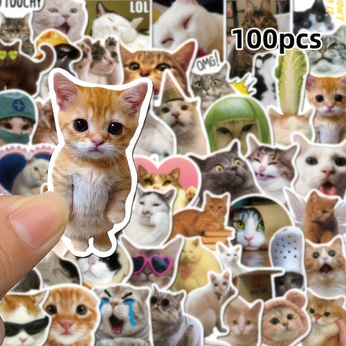 100pcs Funny Cat Stickers - Cute Kitten Meme Designs with Hats, Fashion Glasses & Peace Signs, Self-Adhesive Paper Decals for Water Bottles, Laptops, Skateboards, Guitars, Luggage, Helmets, Cameras, Notebooks - Durable Decorative Stickers for, Cat