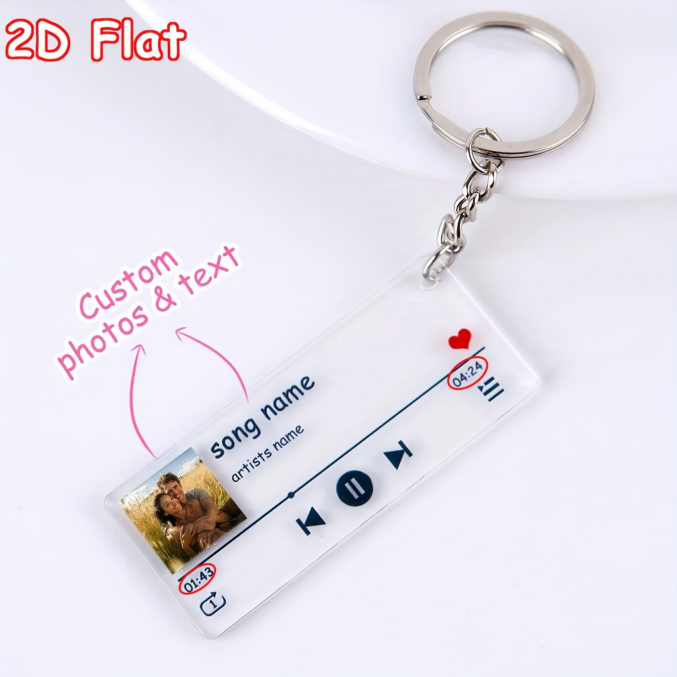 2D Flat, Customized 2D Flat Car Key Decorations, Customized Acrylic Music Player Keychains Can Be Personalized with Photos and Text for Individualization. They Are Suitable for Couples, Families and Friends and Are Excellent Choices as Holiday