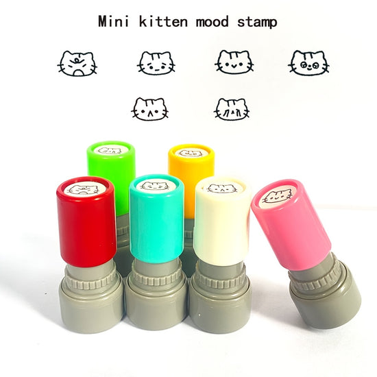 Mini Cat Emotion Stamps Cute Cartoon Scrapbook Decoration Stamps 6 Styles Expressions with Ink Pad Student Journal Check-In Kids Fun Stationery Portable Photosensitive Stamps