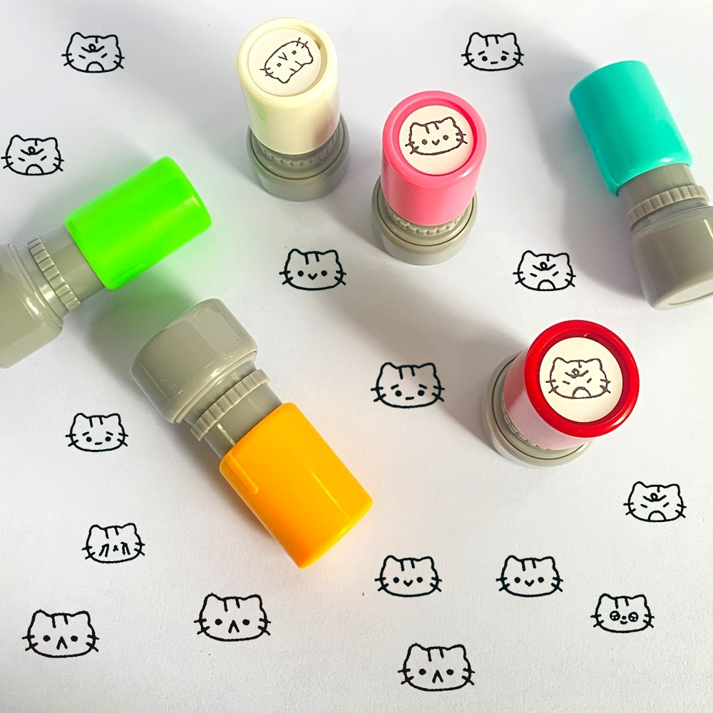 Mini Cat Emotion Stamps Cute Cartoon Scrapbook Decoration Stamps 6 Styles Expressions with Ink Pad Student Journal Check-In Kids Fun Stationery Portable Photosensitive Stamps