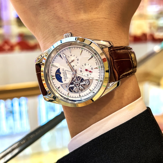 Men's Fashion Mechanical Watch - Automatic Winding Skeleton Moon Phase Dial, Round Dial, Analog Display, Mechanical Movement, No Battery Required