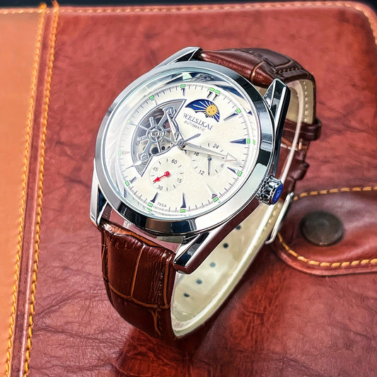 Men's Fashion Mechanical Watch - Automatic Winding Skeleton Moon Phase Dial, Round Dial, Analog Display, Mechanical Movement, No Battery Required