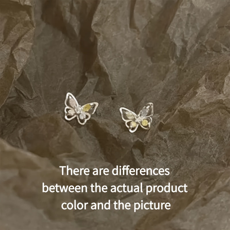 2-Piece Metal Hollow-Out Inlaid Colored Synthetic Synthetic Zirconia Butterfly Stud Earrings, Cute and Versatile, Suitable for Daily Wear and Gifting