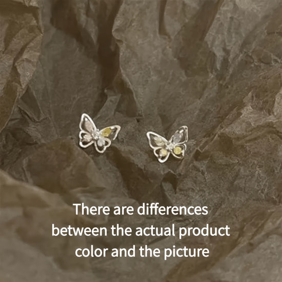 2-Piece Metal Hollow-Out Inlaid Colored Synthetic Synthetic Zirconia Butterfly Stud Earrings, Cute and Versatile, Suitable for Daily Wear and Gifting