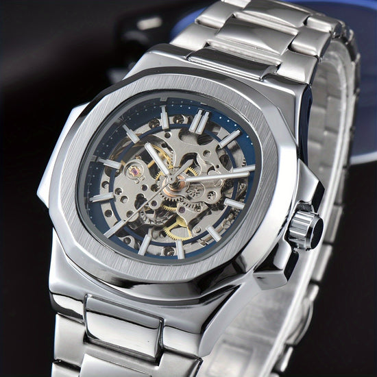 Men'S Fully Automatic Business And Leisure Watch with All Metal Case, Stainless Steel Butterfly Buckle Strap, Trendy And Fashionable Night Light, And High-End Hollowed Out Mechanical Watch for Business And Leisure Men, Suitable As a Christmas Gift