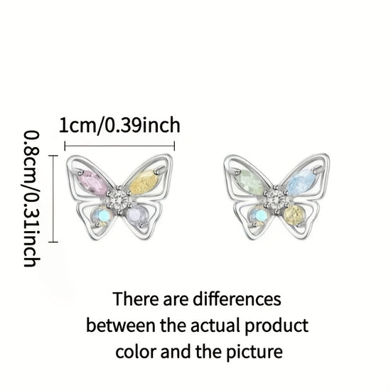 2-Piece Metal Hollow-Out Inlaid Colored Synthetic Synthetic Zirconia Butterfly Stud Earrings, Cute and Versatile, Suitable for Daily Wear and Gifting