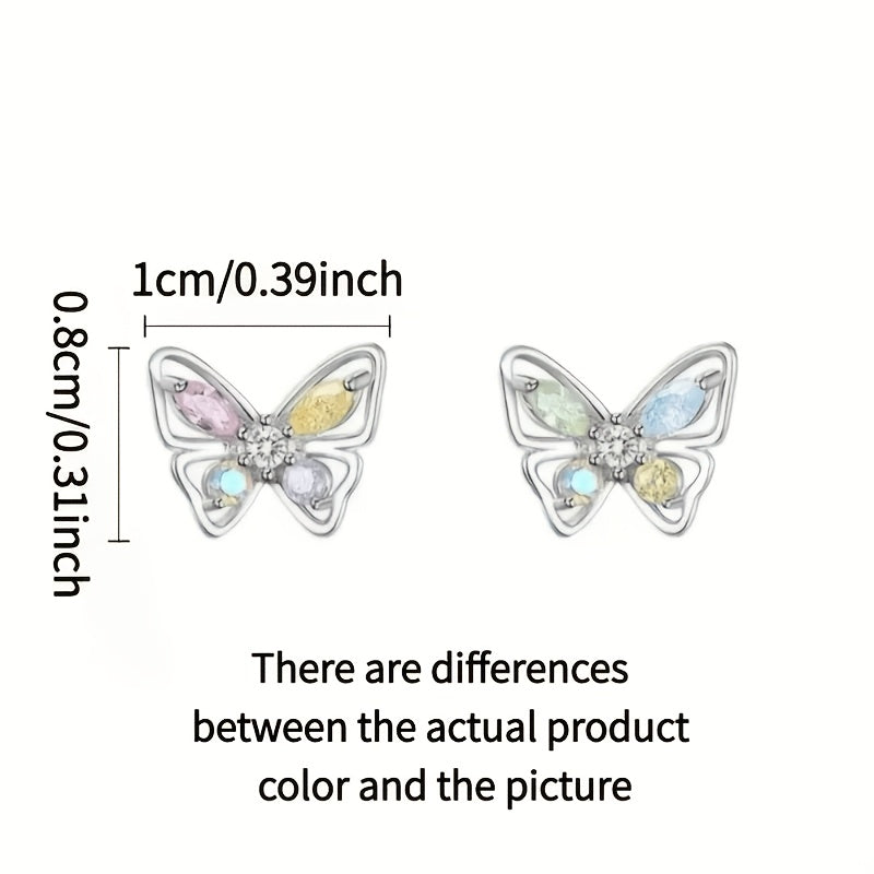 2-Piece Metal Hollow-Out Inlaid Colored Synthetic Synthetic Zirconia Butterfly Stud Earrings, Cute and Versatile, Suitable for Daily Wear and Gifting