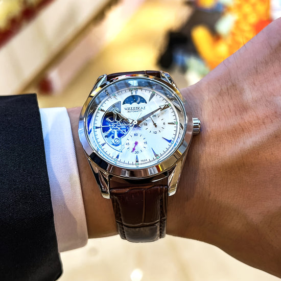 Men's Fashion Mechanical Watch - Automatic Winding Skeleton Moon Phase Dial, Round Dial, Analog Display, Mechanical Movement, No Battery Required