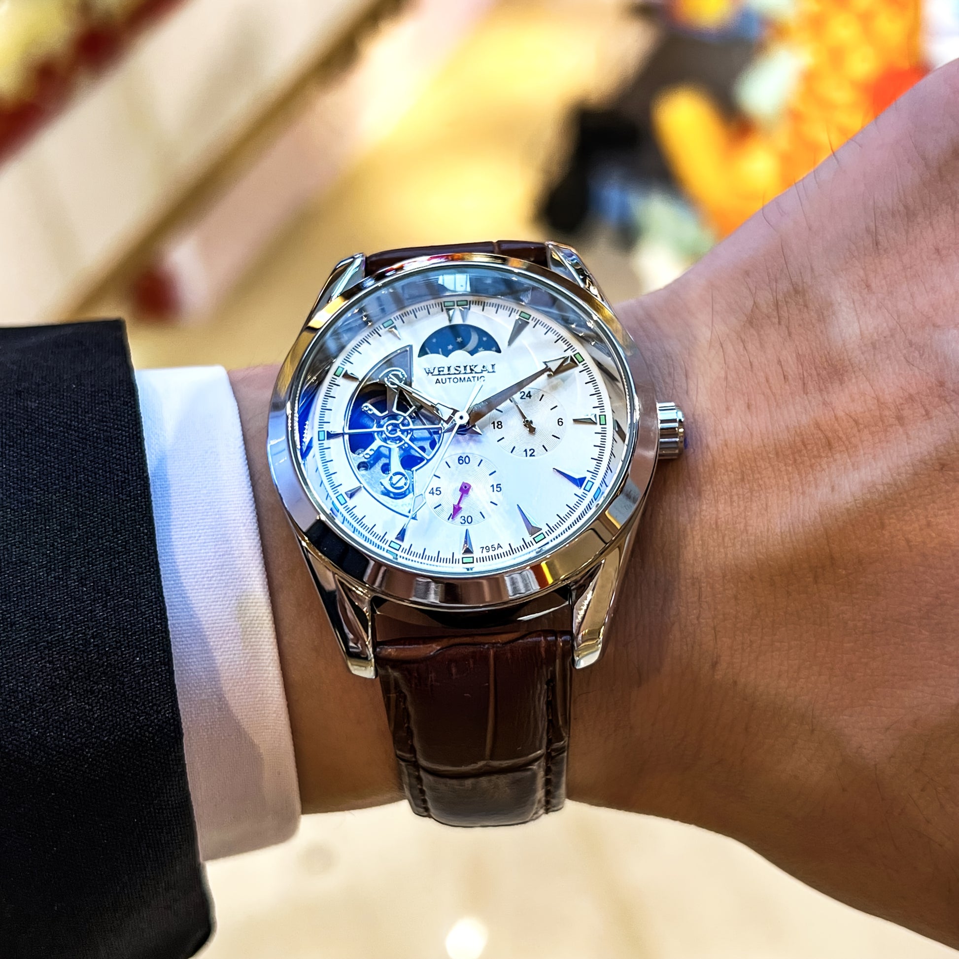 Men's Fashion Mechanical Watch - Automatic Winding Skeleton Moon Phase Dial, Round Dial, Analog Display, Mechanical Movement, No Battery Required
