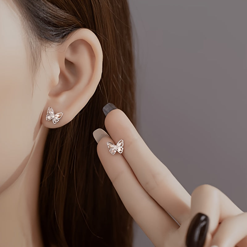2-Piece Metal Hollow-Out Inlaid Colored Synthetic Synthetic Zirconia Butterfly Stud Earrings, Cute and Versatile, Suitable for Daily Wear and Gifting
