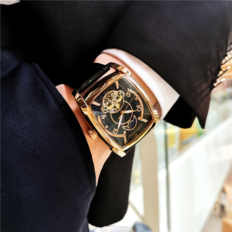 A Fully Automatic Tourbillon Mechanical Watch, A Light Luxury High-end Fashion Trend Hollow Business Casual Wristwatch, High-end Atmosphere, Sun, Moon, Stars, Square Temperament Large Dial Men's Watch.