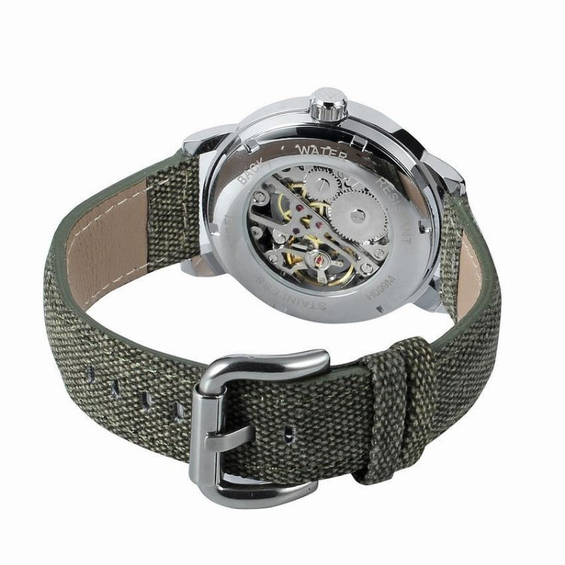 FORSINING Men's Skeleton Automatic Watch | Roman Numerals | Silvery Case | Green Canvas Strap | Mechanical Wristwatch | Gift for Him