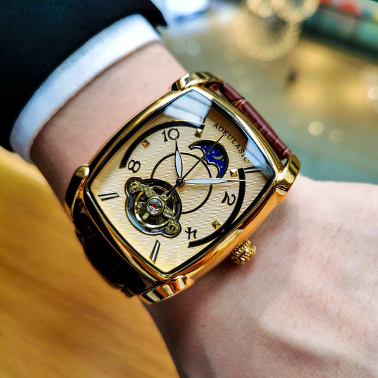 A Fully Automatic Tourbillon Mechanical Watch, A Light Luxury High-end Fashion Trend Hollow Business Casual Wristwatch, High-end Atmosphere, Sun, Moon, Stars, Square Temperament Large Dial Men's Watch.