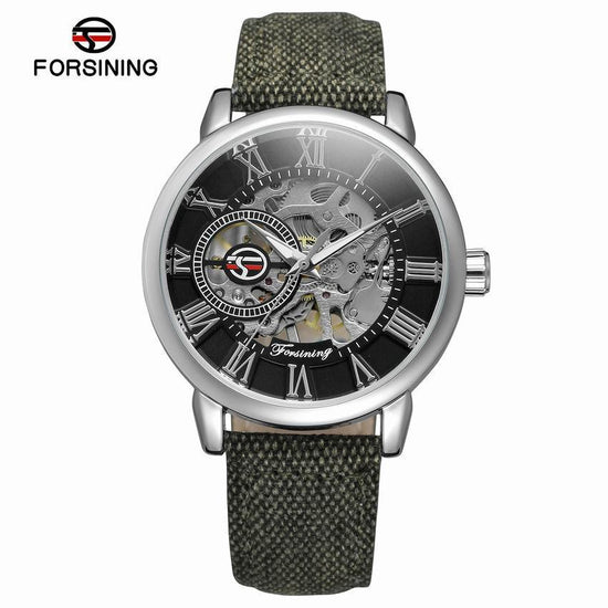 FORSINING Men's Skeleton Automatic Watch | Roman Numerals | Silvery Case | Green Canvas Strap | Mechanical Wristwatch | Gift for Him